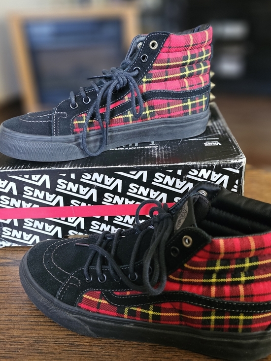 Vans Other - Vans Sk8-Hi Plaid High-Top Sneakers - Black & Red Size Womens 6.5 Mens 5